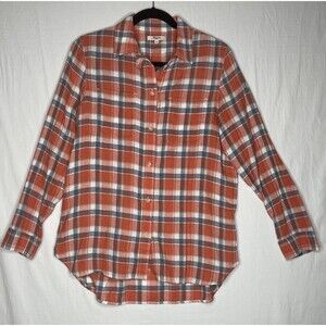 Madewell Plaid Ex Boyfriend Linen Cotton Orange Blue Button Down Shirt Sz M